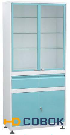 Фото Шкаф 2-ух ств. стекло/металл ШМС-2-Р-А-2-Ц с рег. опор. в алюм.раме с выдв.ящ.(2) светло-зел. фасад