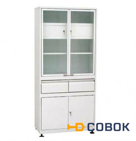 Фото Шкаф 2-ух створчатый стекло/металл ШМС-2-Т-А-Р-2 с трейзером в алюм. раме с рег. опор. с выдв.ящ.(2)