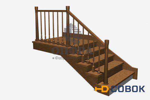 Фото Цена отделки г-образной металлической лестницы с блоком забежных ступеней из дуба с деревянным ограждением