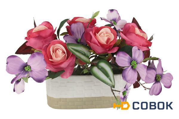 Фото Декоративные цветы Розы малиновые с сиреневыми цветами в керамической вазе - DG-J7526 Dream Garden