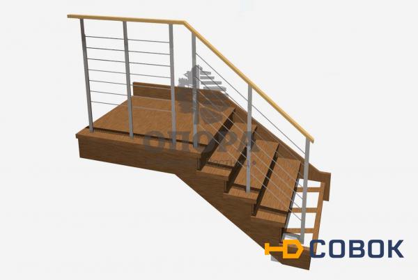 Фото Цена отделки г-образной металлической лестницы с блоком забежных ступеней из дуба с огражденем из троса