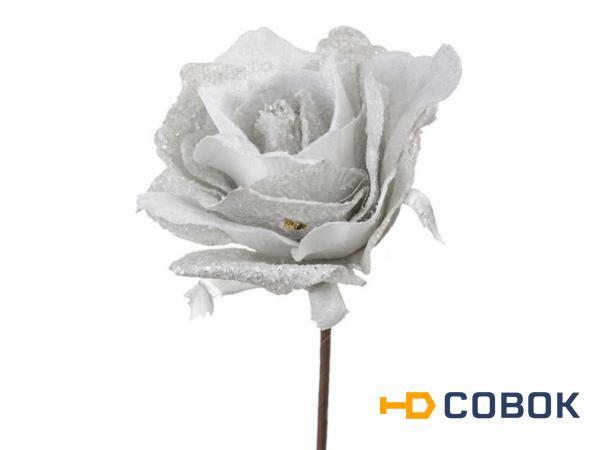 Фото Белая роза с глиттером высота=19 см. Huajing Plastic (864-021)