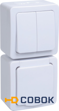 Фото IEK БВб-22-32-ГПБб блок «выкл 2кл + розетка 1м с з/к» о/у IP54 ГЕРМЕС PLUS (кл.бел./кр.бел.)