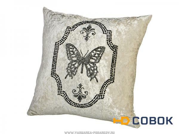 Фото Декоративная подушка со стразами серия винтаж бабочка 37х37 см,велюр шампань,100 проц
