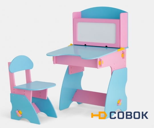 Фото Детский столик магнитной доской и стульчик . Розово-голубой.