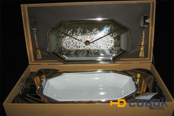 Фото Блюдо для горячего с крышкой и фарфоровой вставкой с вилкой и ложкой Dubai Gold - GI3481-00_PAL Giorinox