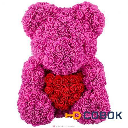Фото Декоративное изделие медвежонок из роз с сердцем 40 см