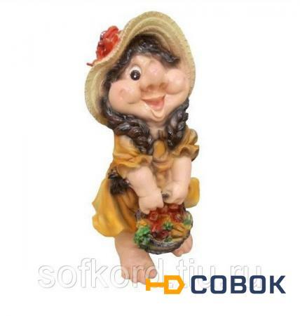 Фото Фигурка декоративная садовая Девочка-гном с корзинк