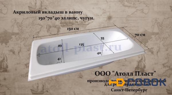 Фото Акриловый вкладыш в чугунную ванну 1.5 эллипс глубиной 40 см