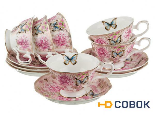 Фото Чайный набор на 6 персон 12пр 200мл розовый Porcelain Manufacturing (779-068)