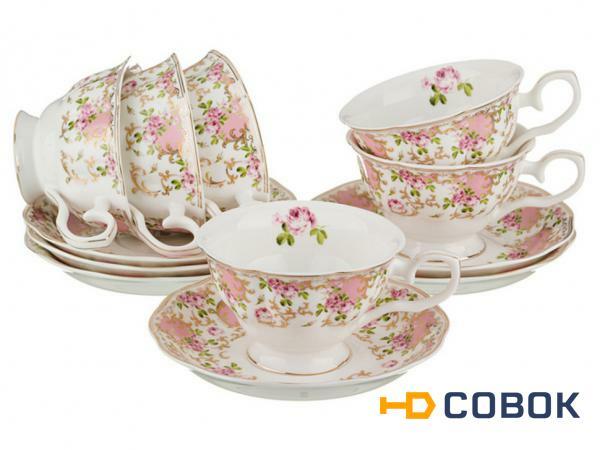 Фото Чайный набор на 6 персон 12пр 200мл розовый Porcelain Manufacturing (779-065)