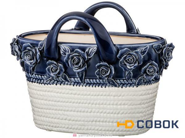 Фото Цветочница сумочка с розами цвет:белый с синим 27х15,5х21 см