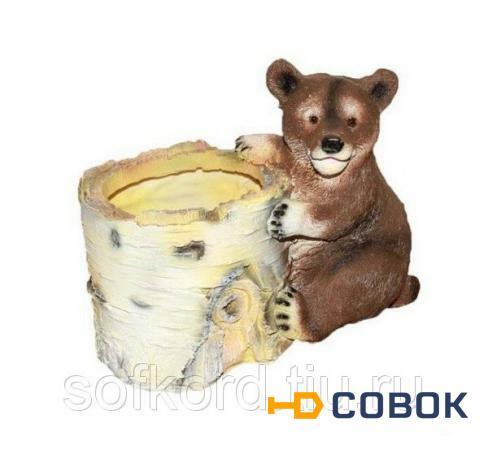 Фото Кашпо декоративное Березовый пень с медведем 12*19*16см