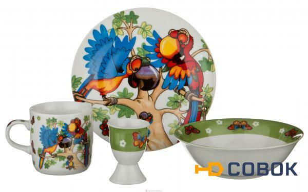 Фото Наборы посуды на 1 персону 4пр. попугай :миска,тарелка,кружка 200 мл