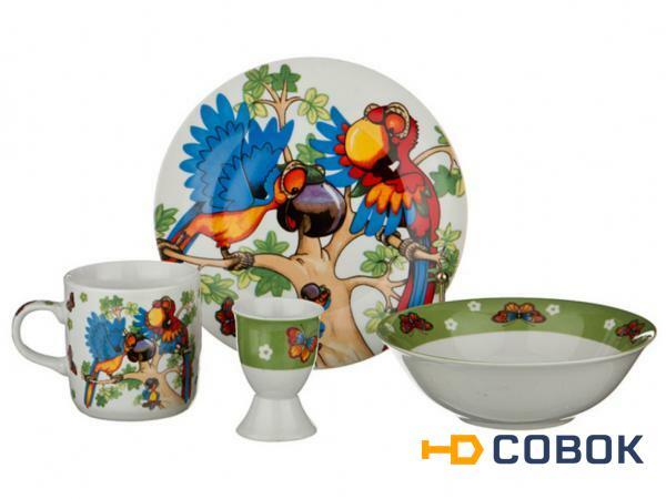 Фото Наборы посуды на 1 персону 4пр."попугай":миска,тарелка,кружка 200 мл.,подставка под яйцо Hangzhou Jinding (87-009)