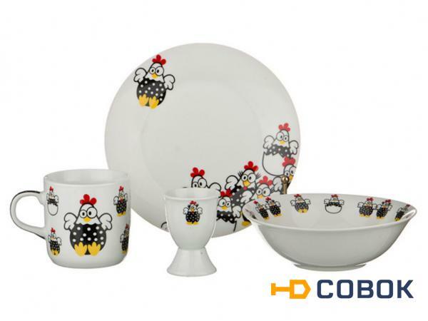 Фото Наборы посуды на 1 персону 4пр.:миска,тарелка,кружка 200 мл.,подставка под яйцо Hangzhou Jinding (87-079)