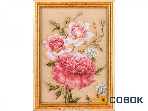 Фото Гобеленовая картина бутоны розы и пион 26х19 см
