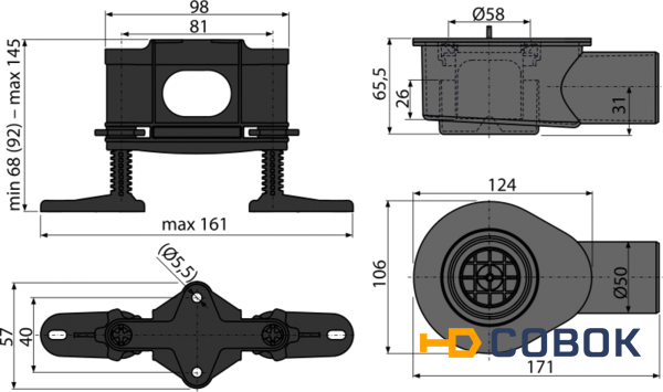Фото Cифон низкий для водоотведения в душевых на уровне пола AlcaPlast APZ-S9 DN50 и комплект регулируемы