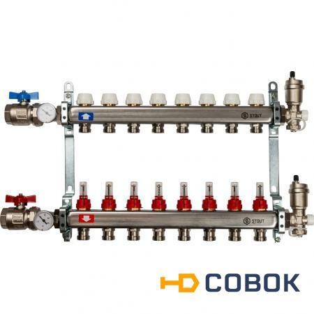 Фото STOUT Коллектор из нержавеющей стали в сборе с расходомерами 8 вых.