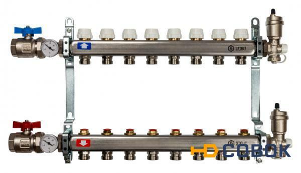 Фото Коллектор Stout из нержавеющей стали в сборе с запорными кранами 8 выходов