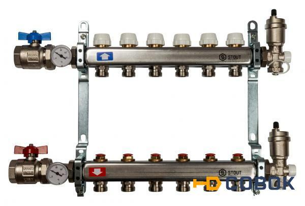 Фото Коллектор Stout из нержавеющей стали в сборе с запорными кранами 6 выходов