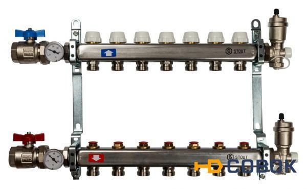 Фото Коллектор Stout из нержавеющей стали в сборе с запорными кранами 7 выходов