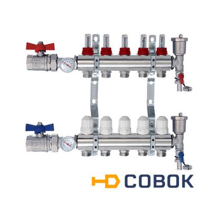 Фото Коллекторная группа для теплого пола с расходомерами, концевыми элементами и шаровыми кранами с термометрами TIM, 10 контуров,KA010
