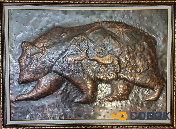 Фото Чеканка.Мишка ,Север и олени . Медь. 60х75. Багет . С доставкой   ТК до дверей по РФ!