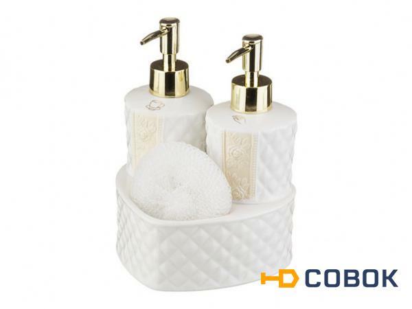 Фото Набор для кухни:дозатор для жидкого мыла+подставка для губки+губка высота=20 см. Porcelain Manufacturing (437-018)