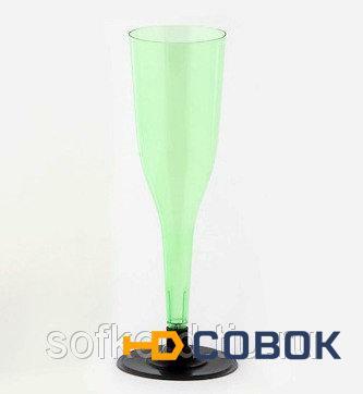 Фото Бокал для шампанского 100 мл "Флюте" зеленый кристалл со съемной черной ножкой ПС (6 штук / упаковка
