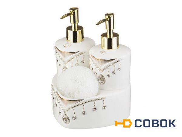 Фото Набор для кухни:дозатор для жидкого мыла+подставка для губки+губка высота=20 см. Porcelain Manufacturing (437-039)